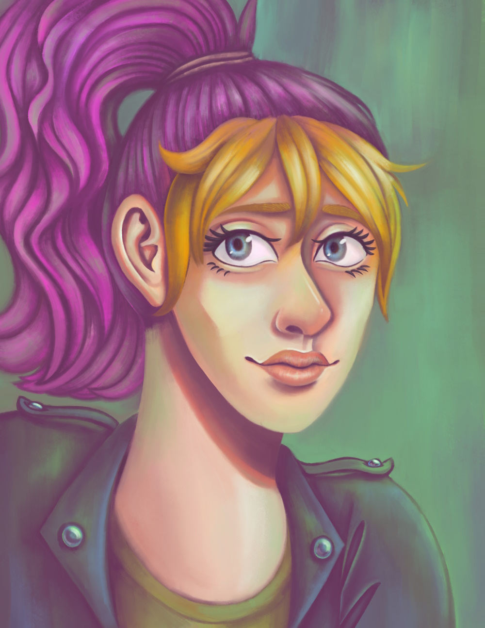 A digital portrait of a person in bright colors.