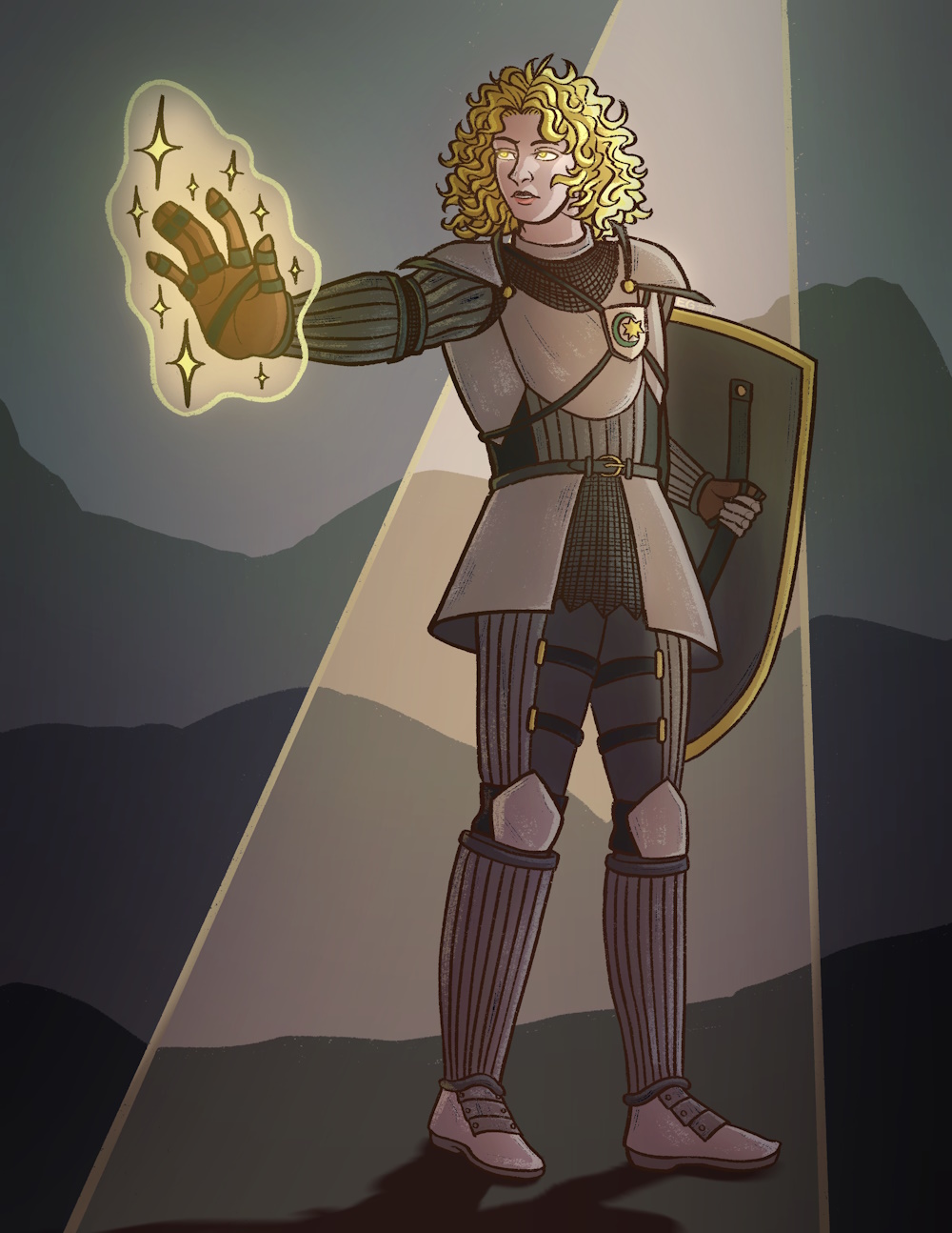 A paladin in full-plate armor with golden hair, casting magic.