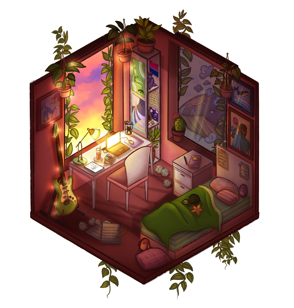 A messy isometric room illustration, full of glowing and magical elements.