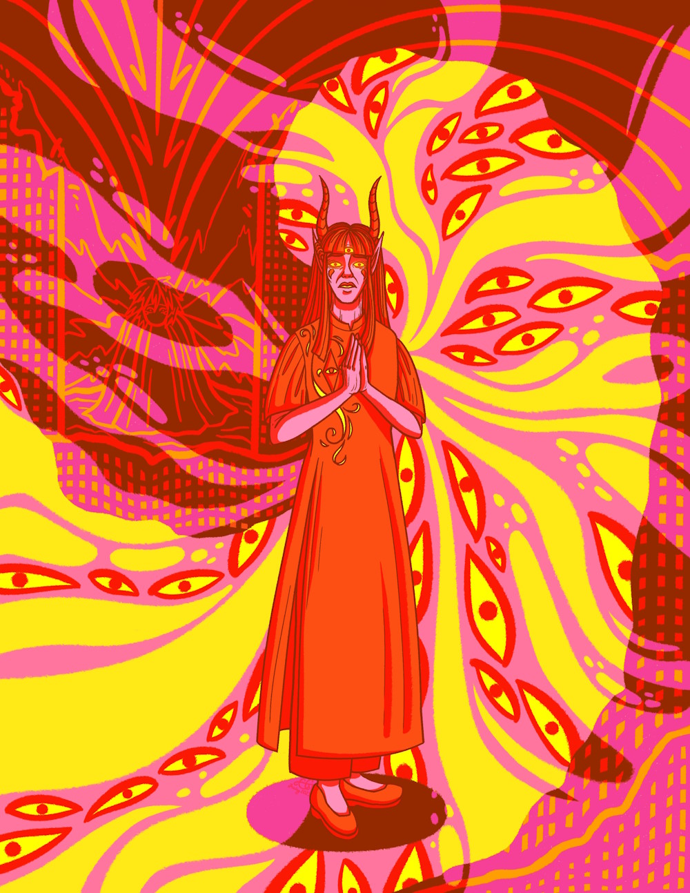 A brightly-colored illustration (in yellow, orange, and pink colors) of an elvish person surrounded by eyes and a prophetic vision.