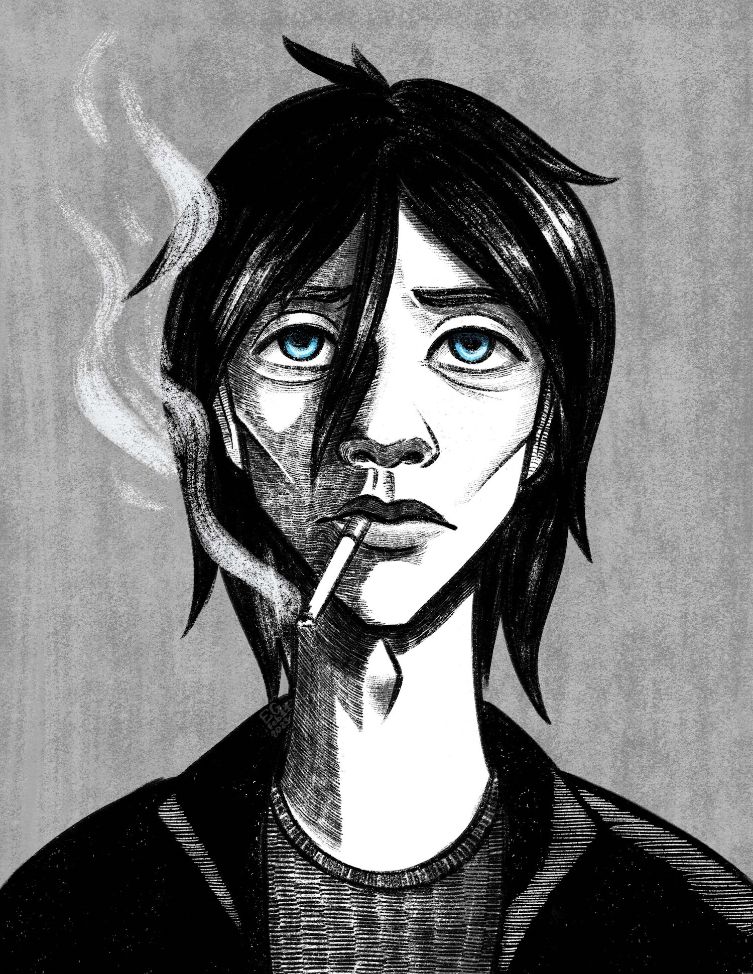 A sketchy portrait of a person smoking.